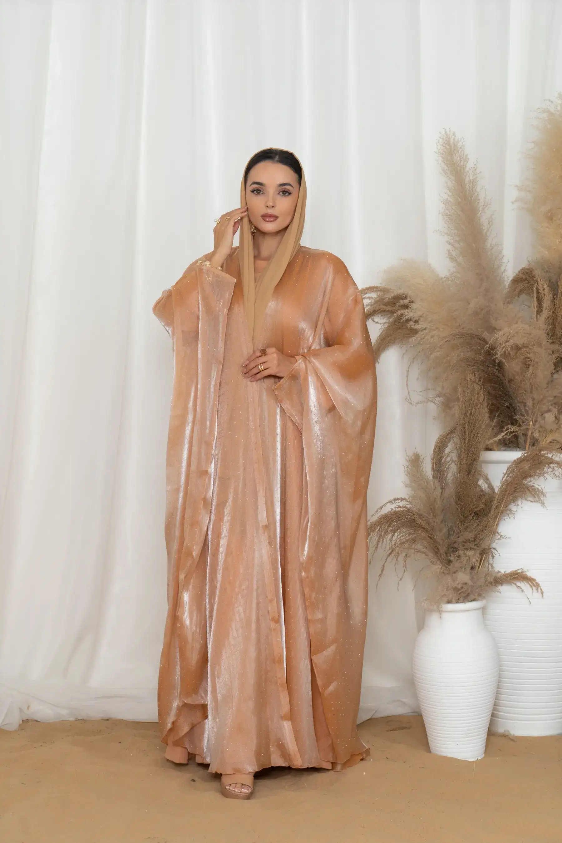 Glitzy Knot Abaya Set-peach