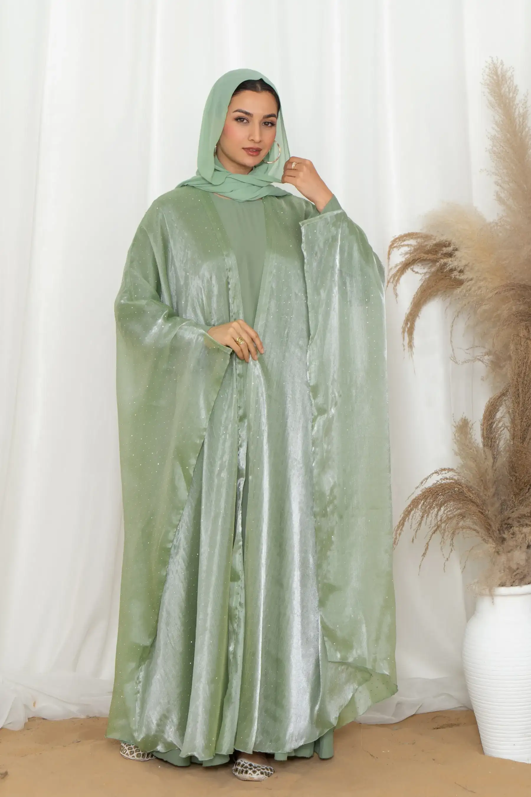 Glitzy Knot Abaya Set - Mint