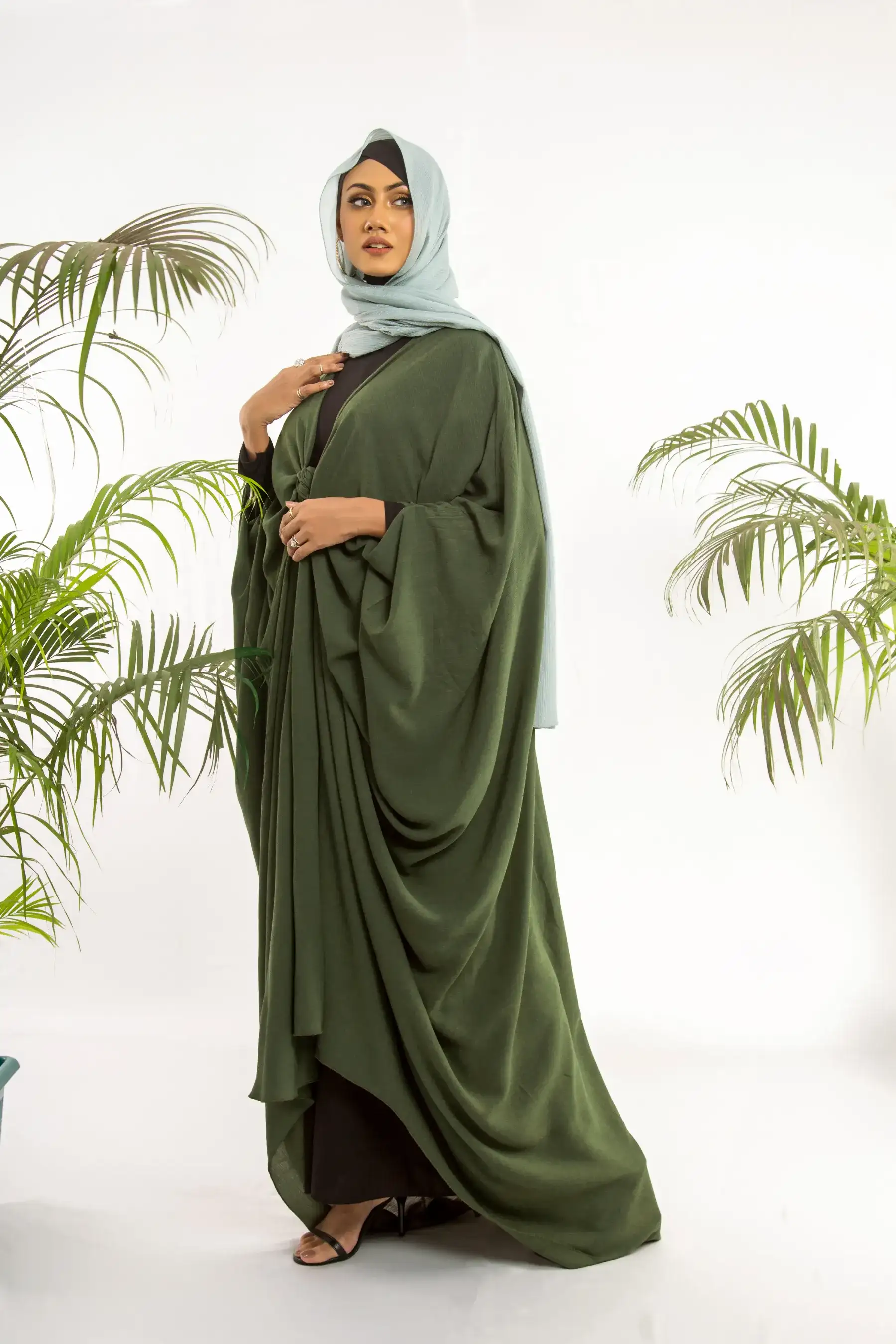 Cheese Cotton Knot Abaya - Olive