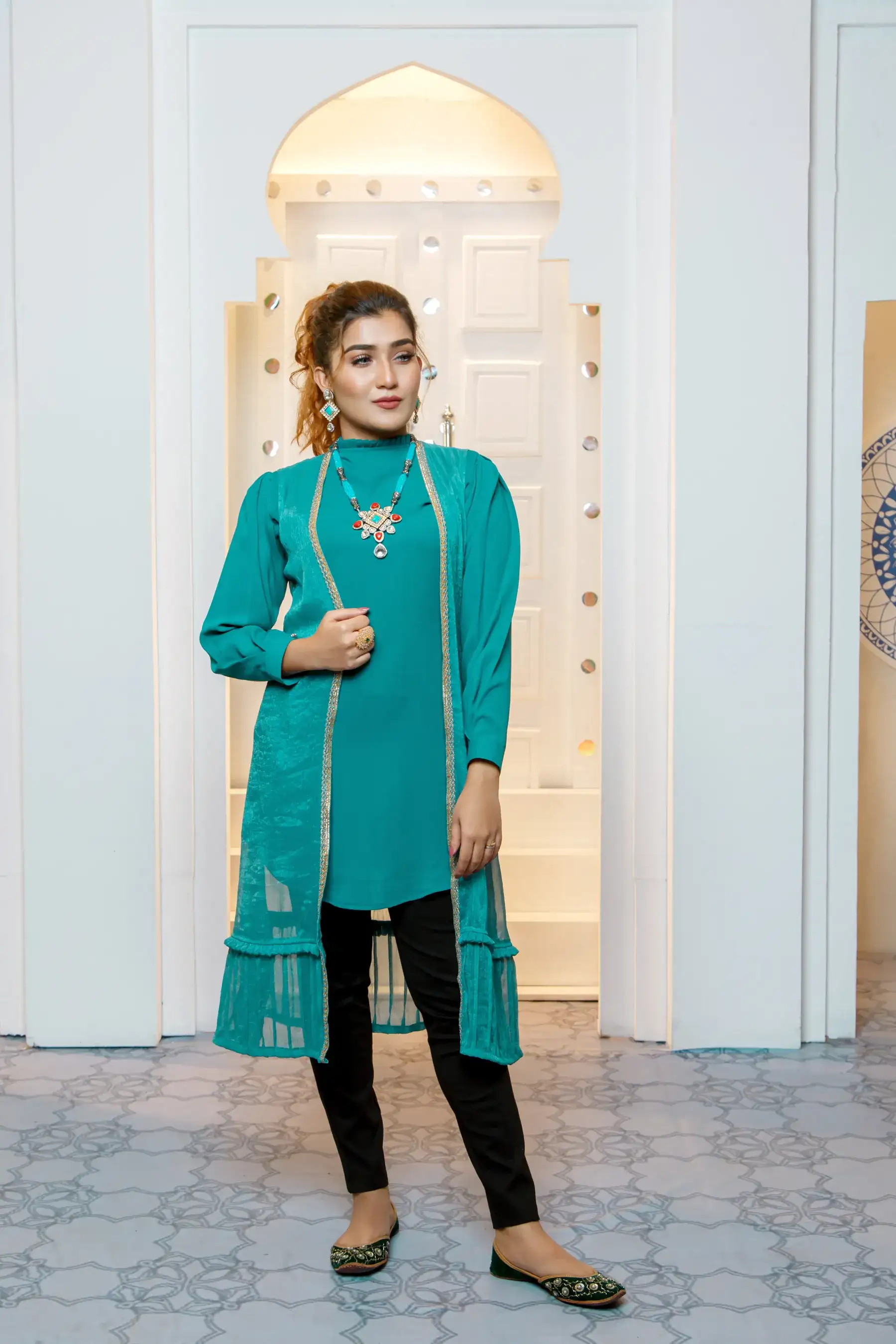 Pleat Shrug Shirt - TURQUOISE