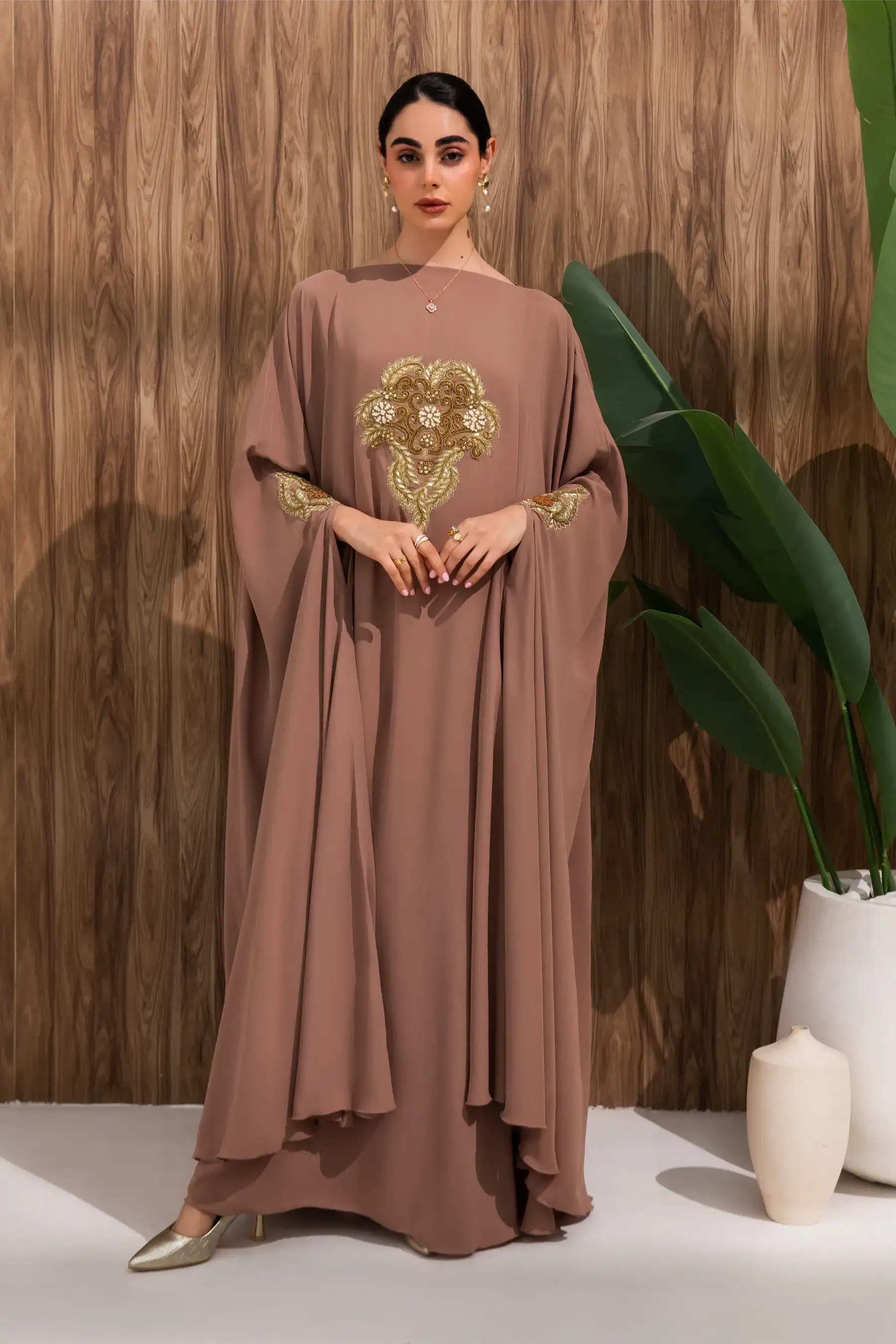 Damask Cape Gown - SandalWood