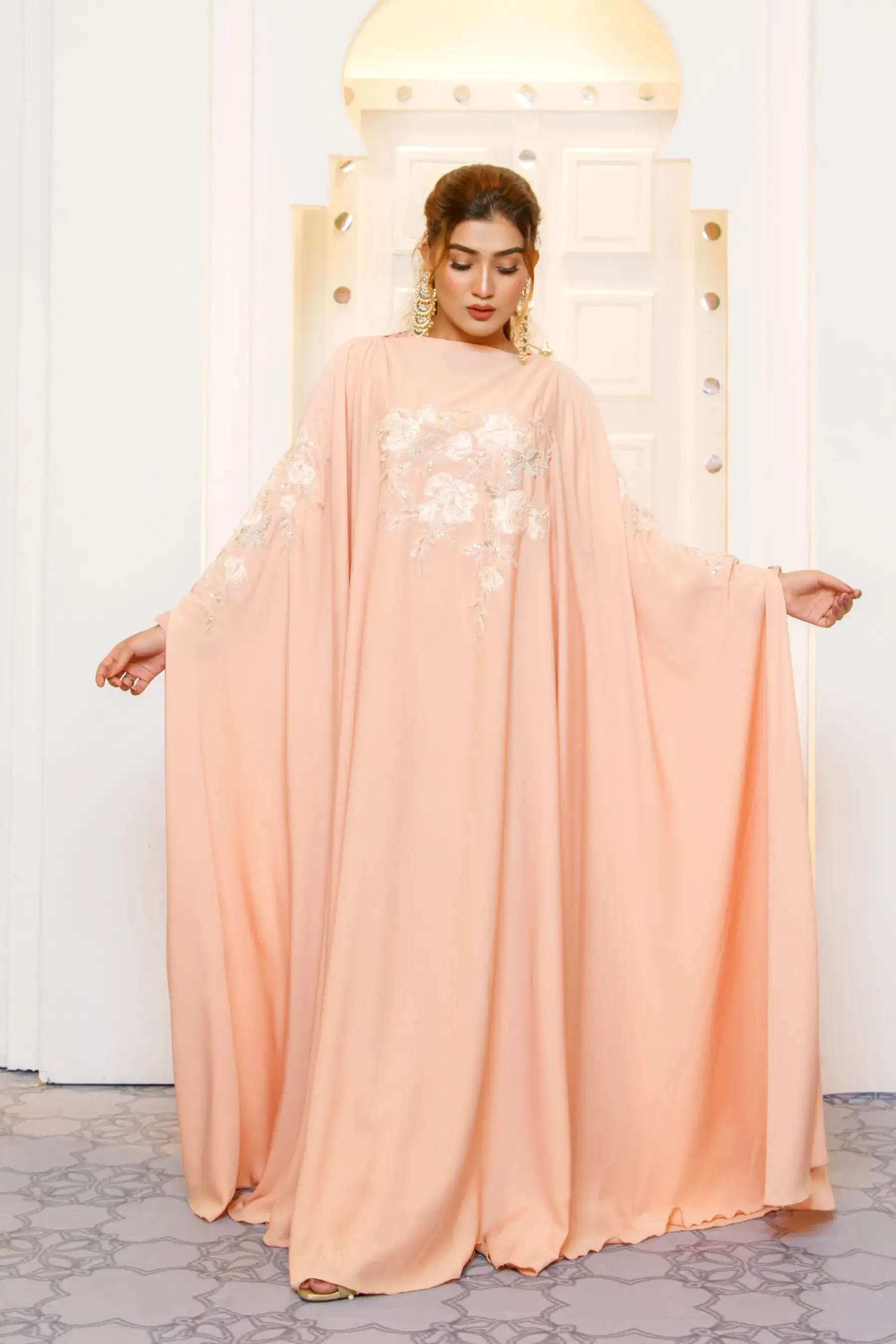 Embroidery Cape Gown - Peach