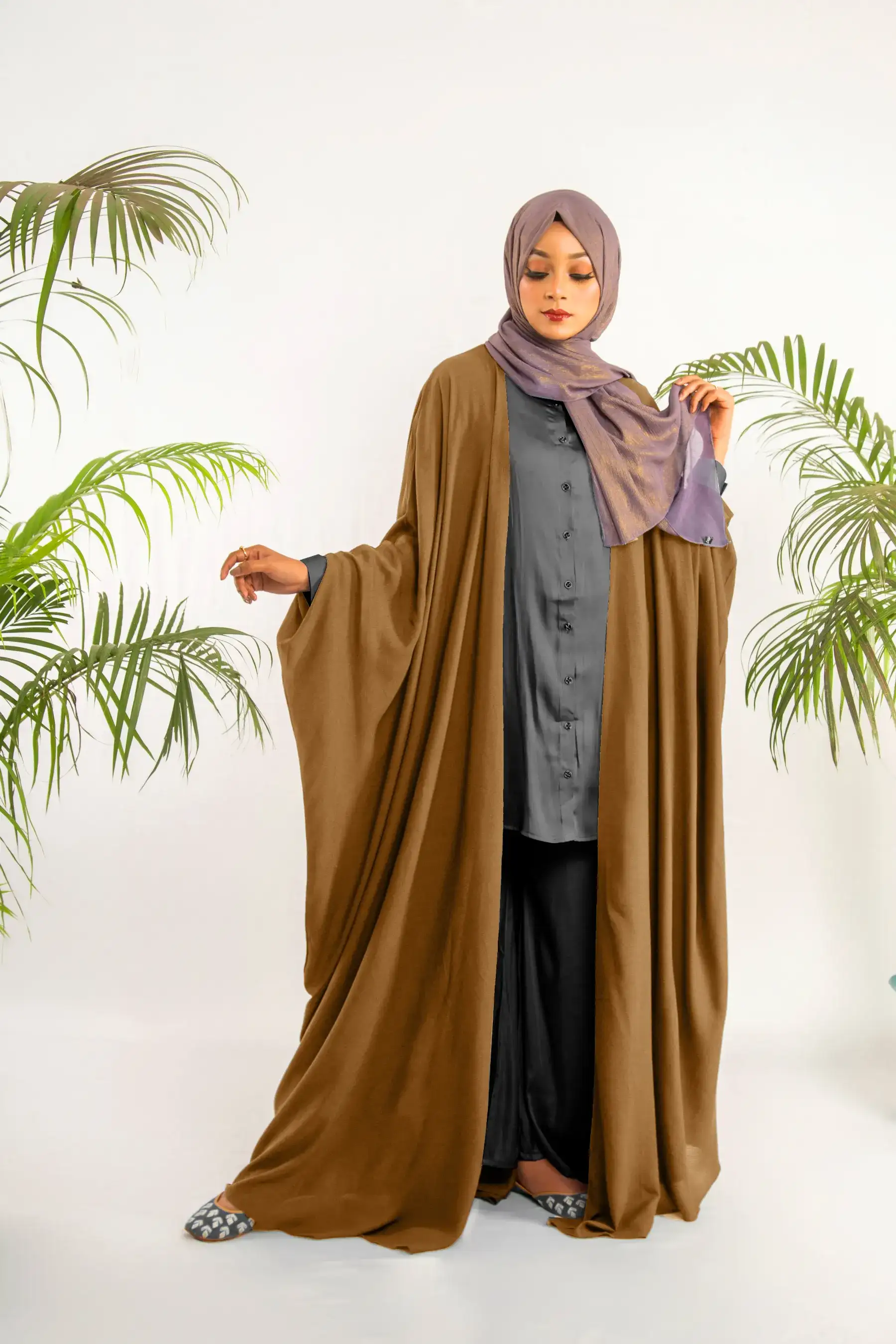 Cheese Cotton Knot Abaya - Caramel