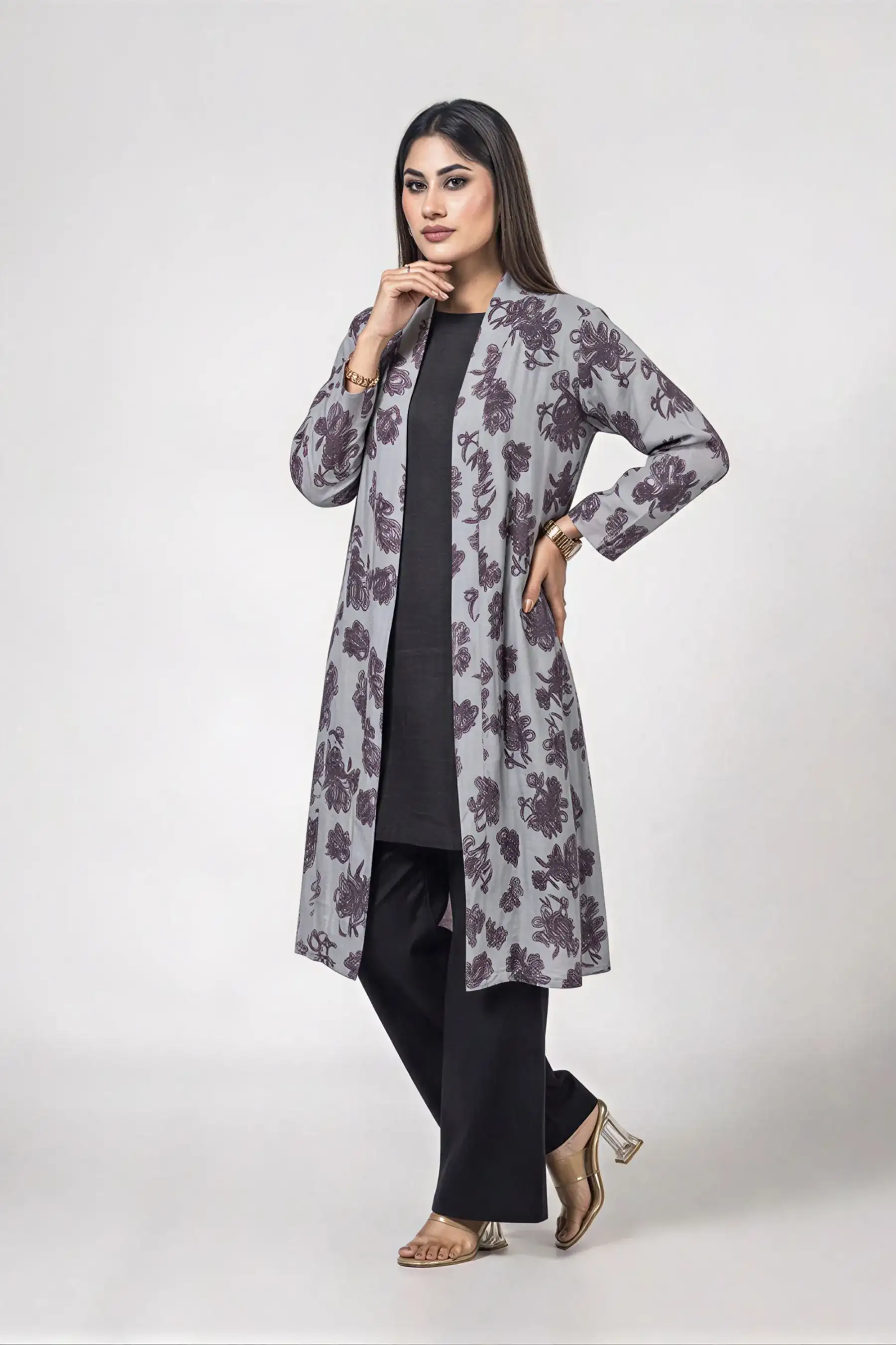 FLORAL Border Shrug - GREY